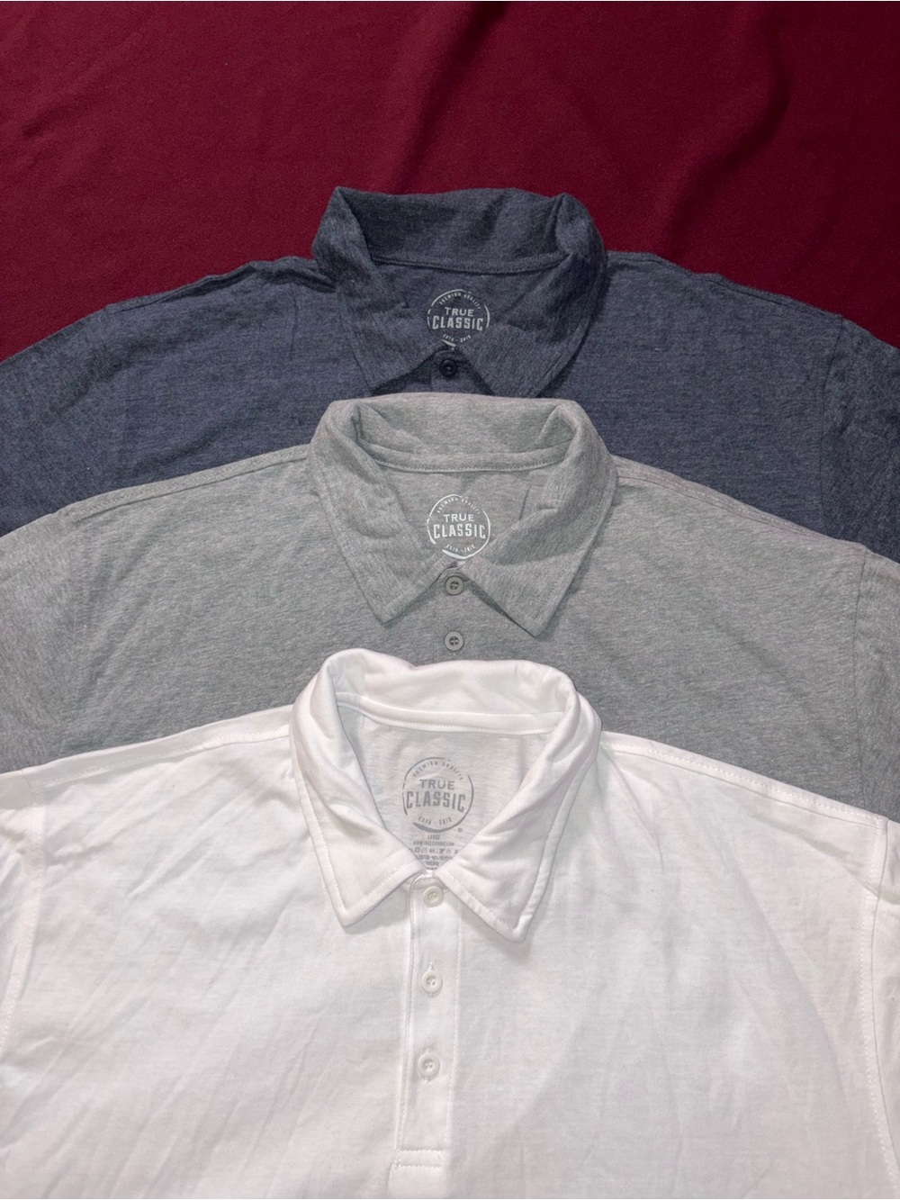 True Classic Polo Shirt - White, Light Gray,heather blue size Large